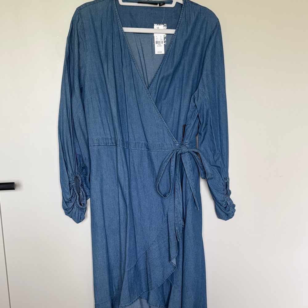 NY & Co Wrap-Front Denim Midi Dress - Blue Denim